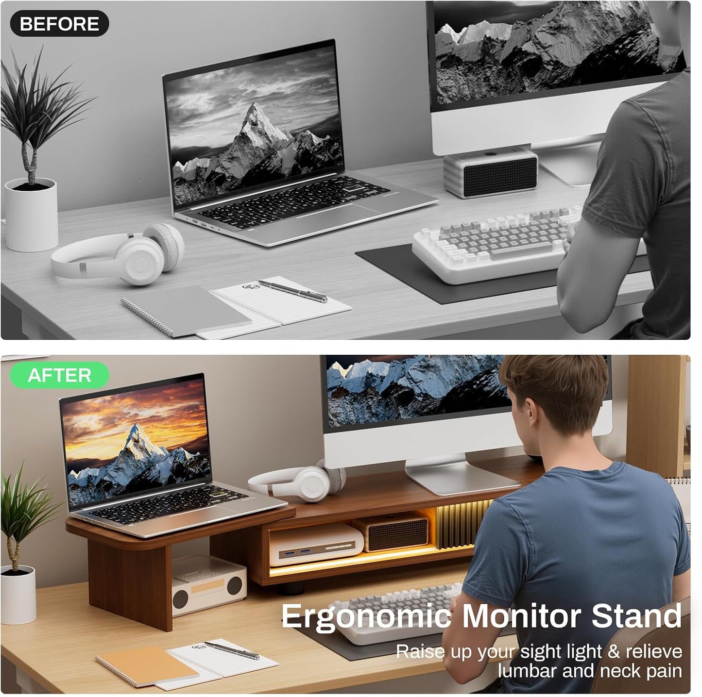 Artswish Monitor Riser Stand with Charging Station & RGB Light, Adjustable Angle Dual Monitor Stand for Desk, Computer Desk Shelf with Sliding Door, Desk Organization for Top of Desk, Walnut cOLOR