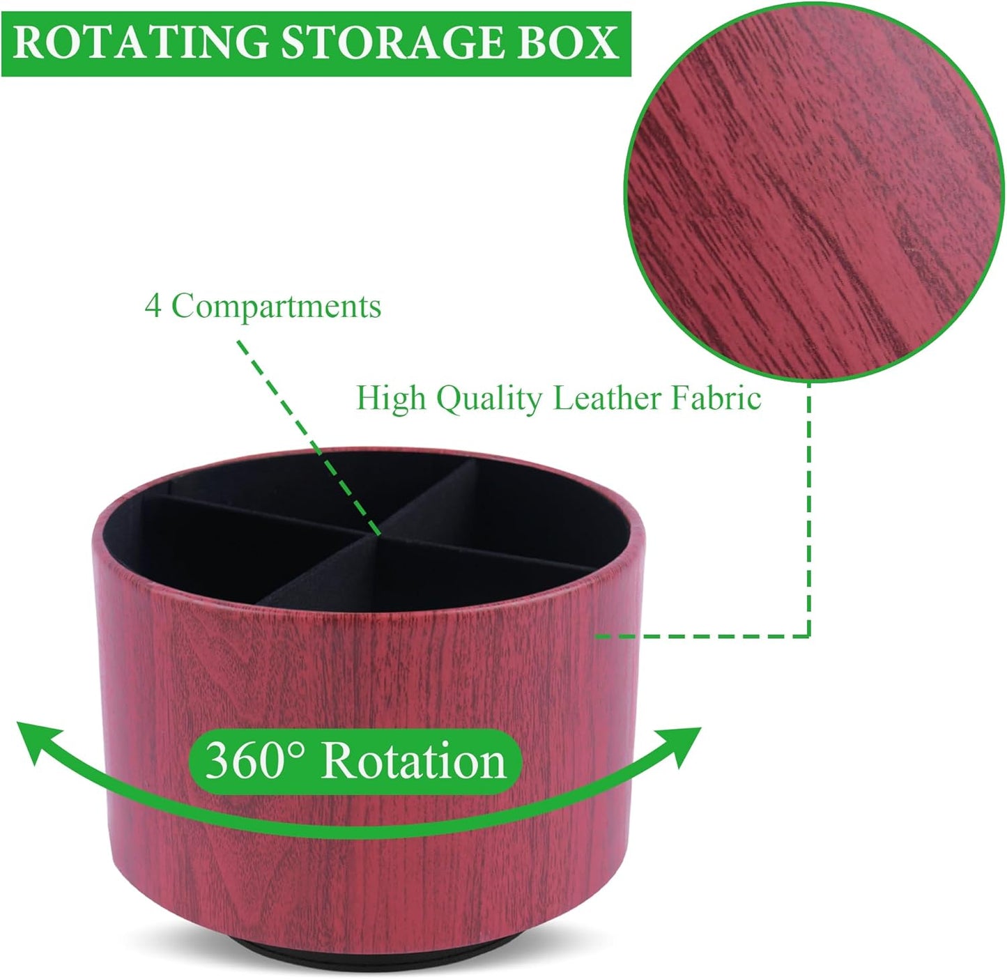 Round Leather Art Supply Organizer,Remote Control Holder,360 Degree Spinning,Multi-Functional Pencil Holder,4 Compartments Desktop Stationary Organizer(1-Thin Wood Red Brown)