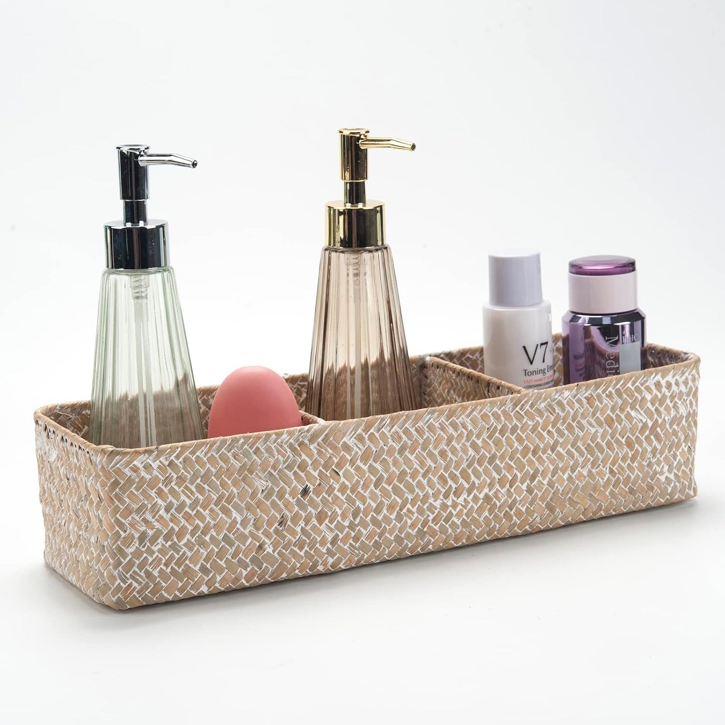 Seagrass Storage Basket 3 Sections Woven Shelf Baskets with Compartment (Whitewash, 14.6inch x 4.7inch x 3.1inch)