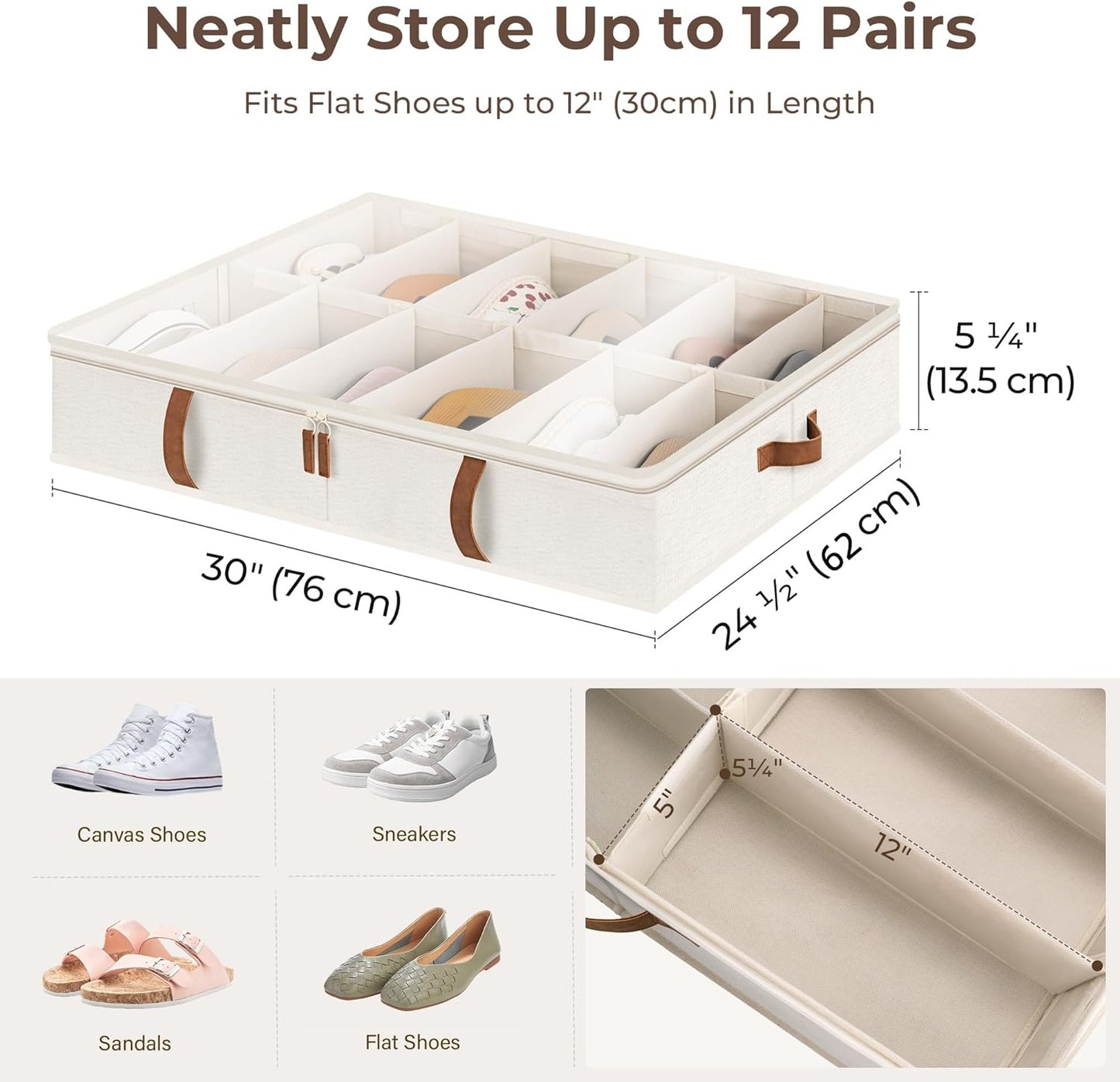 StorageWorks Shoe Organizer for Closet, Fits up to 24 Pairs, 2-Pack Ultra-thick Fabric Under Bed Shoe Storage Containers with Bottom Support and Adjustable Dividers, Beige