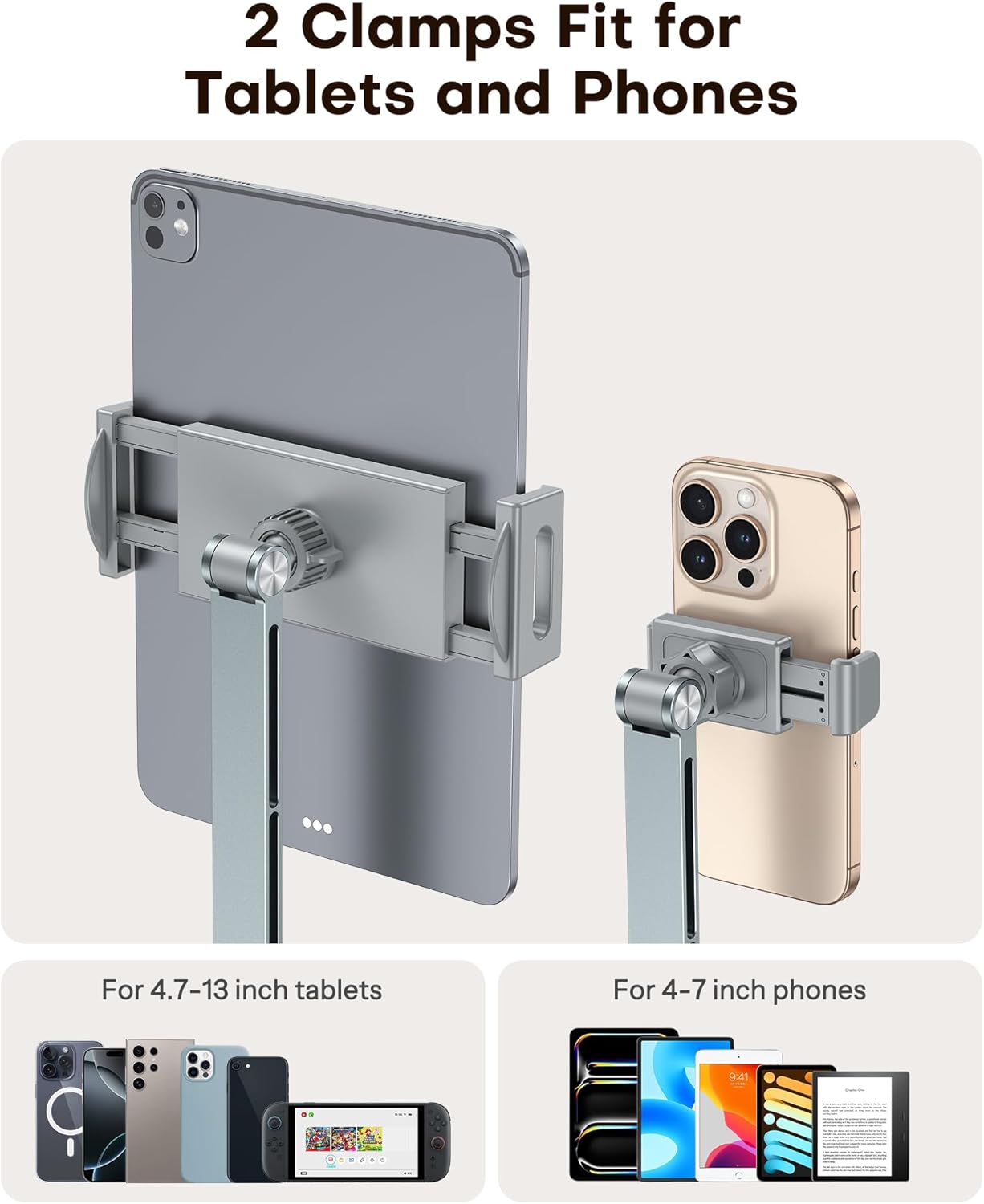 OMOTON Adjustable Tablet Stand for iPad, Desk Phone Holder for Bed with 2 Clamps, Flexible Aluminum Alloy Mount with 360° Rotation for 4-13" Devices