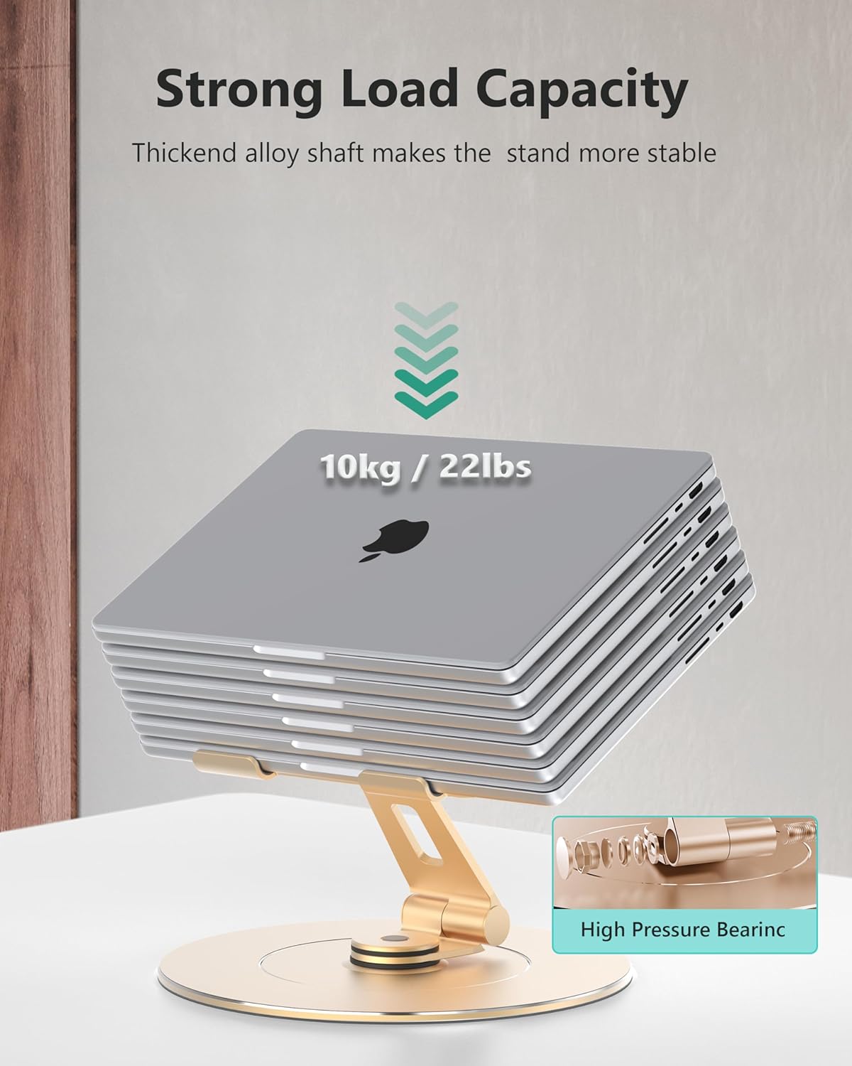 Ultra-Stable Swivel Laptop Stand for Desk，300% Larger Base Stability Military-Grade Aluminum Anti-Loosening Structure - Height Adjustable Laptop Stand Suitable for 10-17.3 inch，Golden