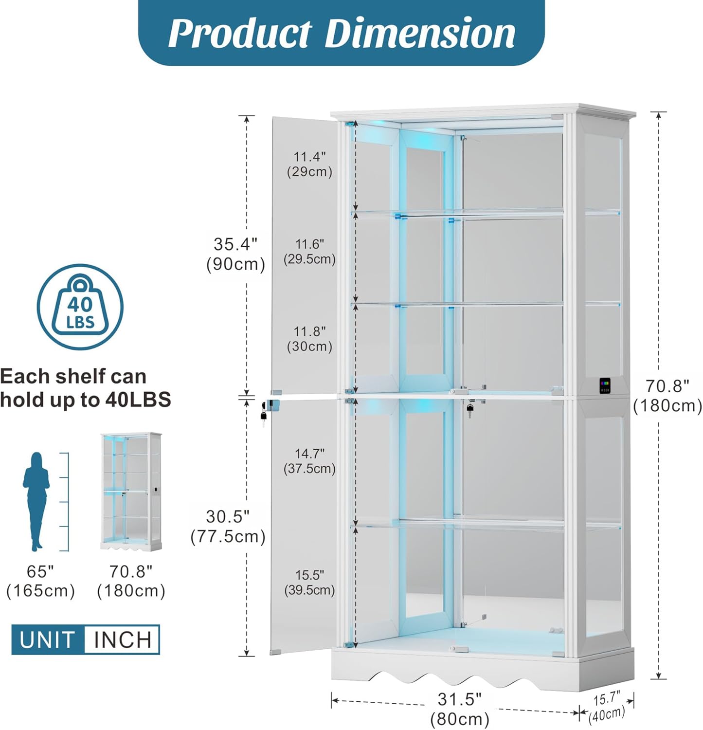 Glass Display Cabinet with RGB Light, 5-Tier Curio Cabinet for Collectibles, Display Case with Removable Shelves, Human Sensor Design, White