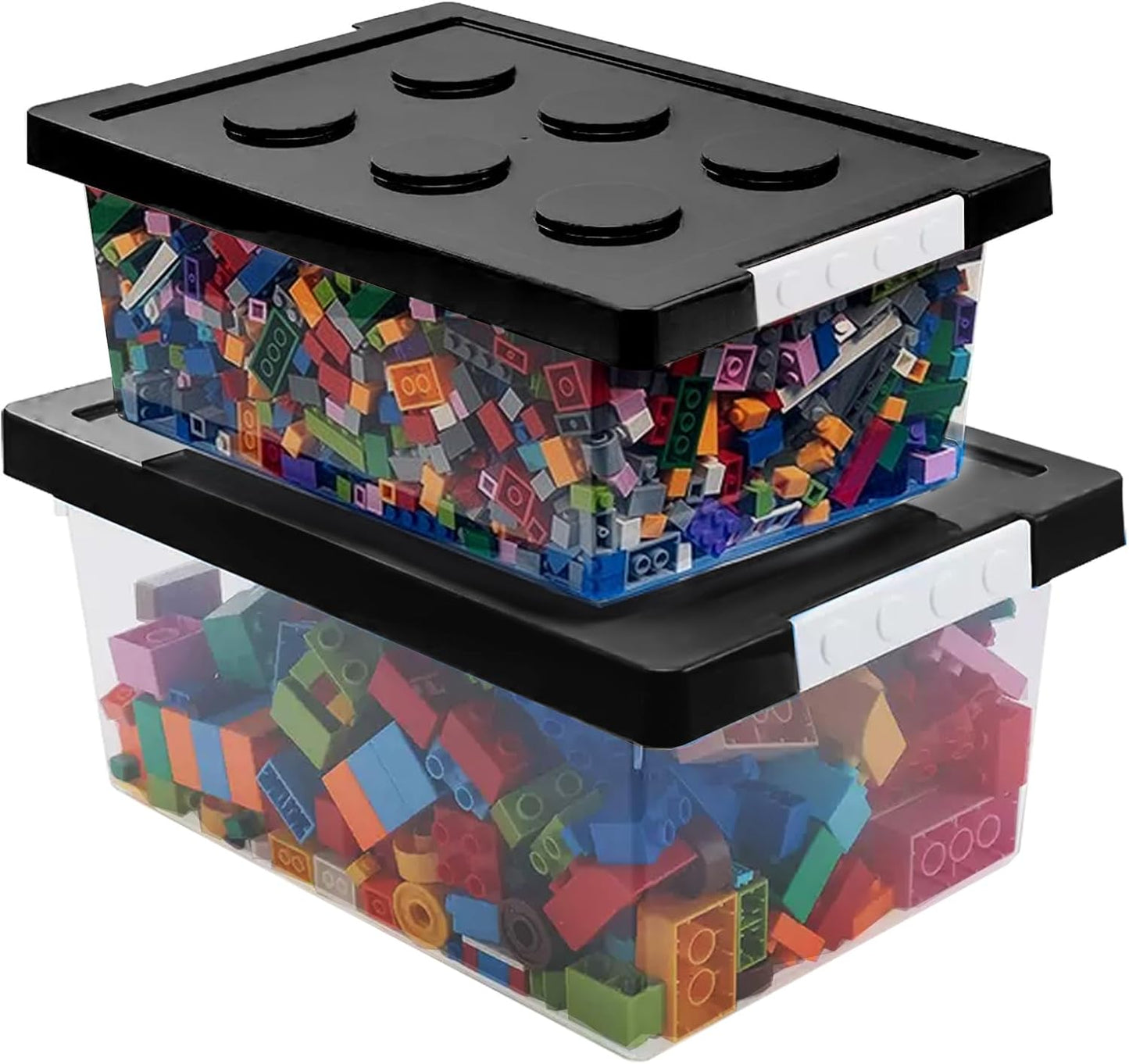 loobuu Plastic Storage Bins with Lids - Stackable Toy Storage Organizer Box Set of 2, Toy Chests with Compatible Building Baseplate and Lid, Storage Container for Building Bricks & Toys- Black