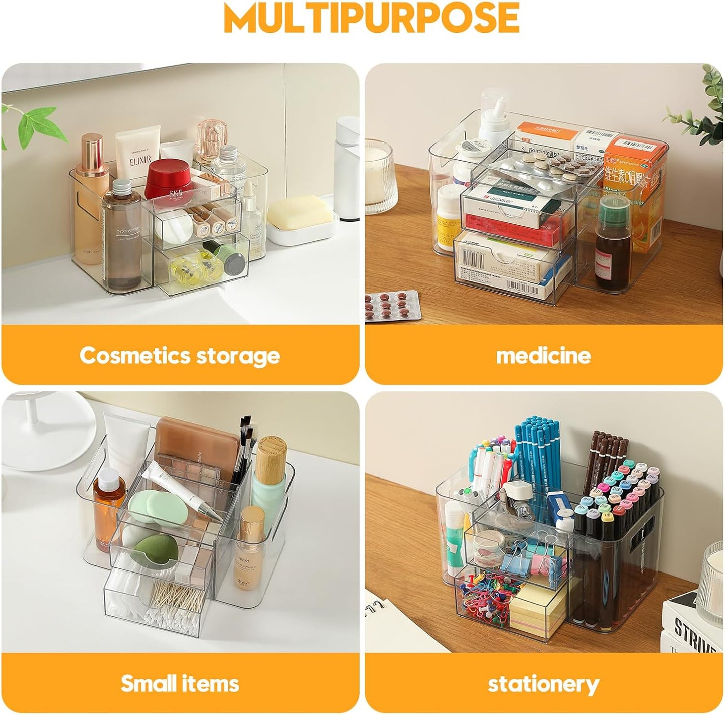 Acrylic Makeup Organizer for Countertop – 2 Drawers & 3 Compartments, Clear Storage Bin. Multi-use for Skincare, Cosmetics, Jewelry & Small Accessories, fits Vanity, Bathroom, Office, Craft