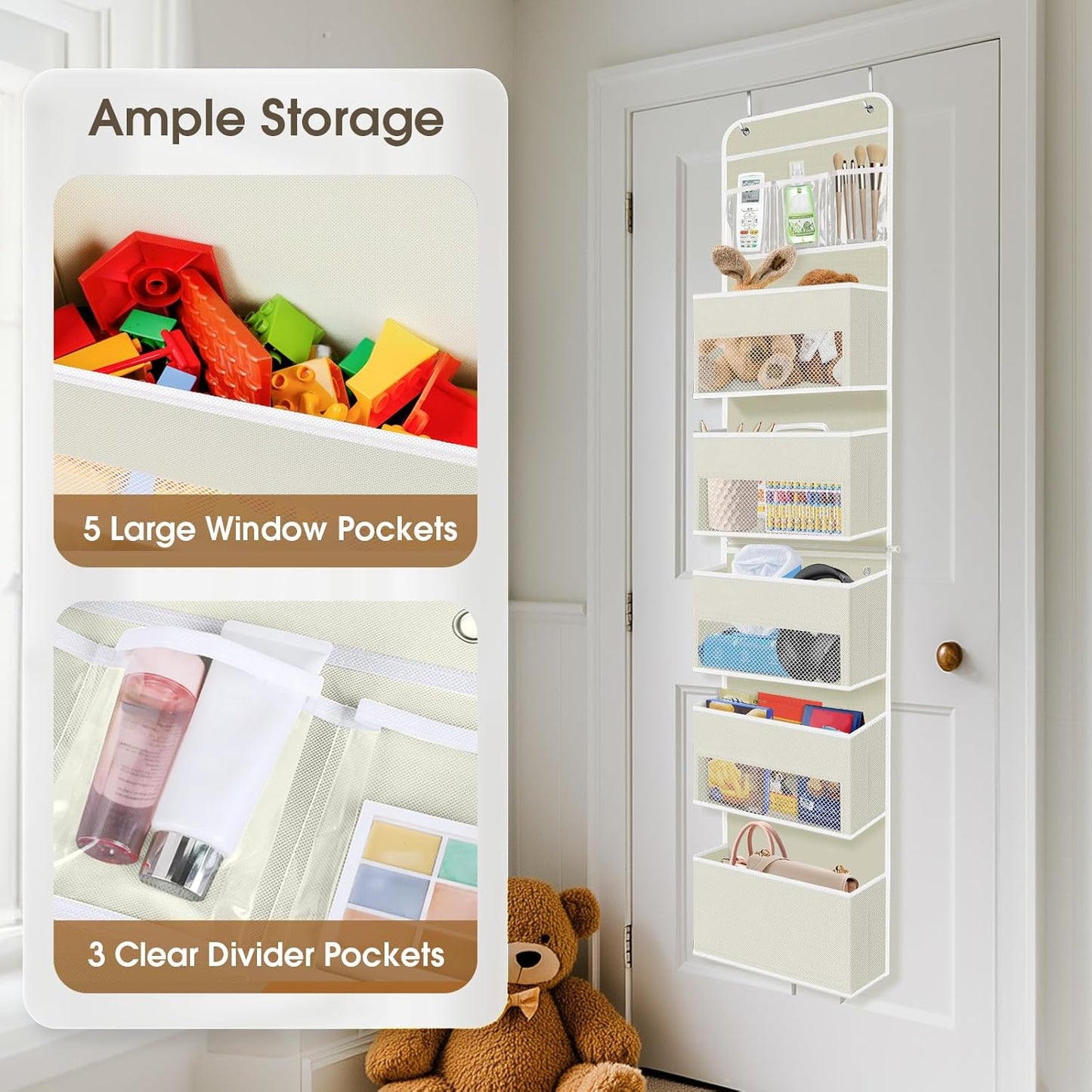 6-Tier Over The Door Organizer, Hanging Storage Organizer with Clear Window, 40lb Ultra Sturdy Large Capacity Room Organizer for Pantry Bathroom Nursery Closet Baby Essential (Beige)