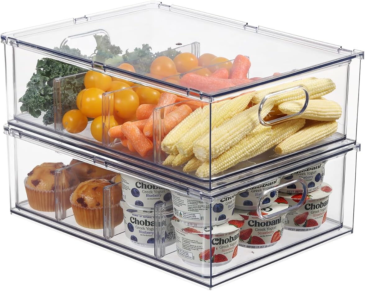 Fridge Drawer Pull Out Stackable Bins, Clear Refrigerator Stackable Organizers, Fridge Organizer Storage for Kitchen, Pantry, Vegetables, Fruits (2 Large)