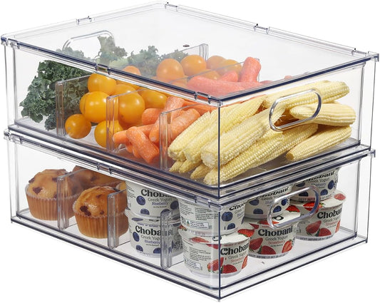 Fridge Drawer Pull Out Stackable Bins, Clear Refrigerator Stackable Organizers, Fridge Organizer Storage for Kitchen, Pantry, Vegetables, Fruits (2 Large)
