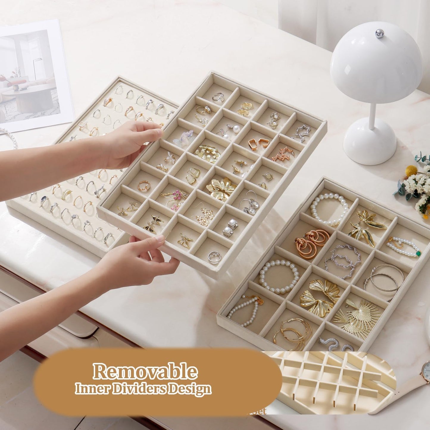 Large Velvet Jewelry Tray 2 Pack Stackable Jewelry Display Drawer Inserts Trays Organizer for Earring Bracelet Necklace Ring (Beige, 24 Grids)