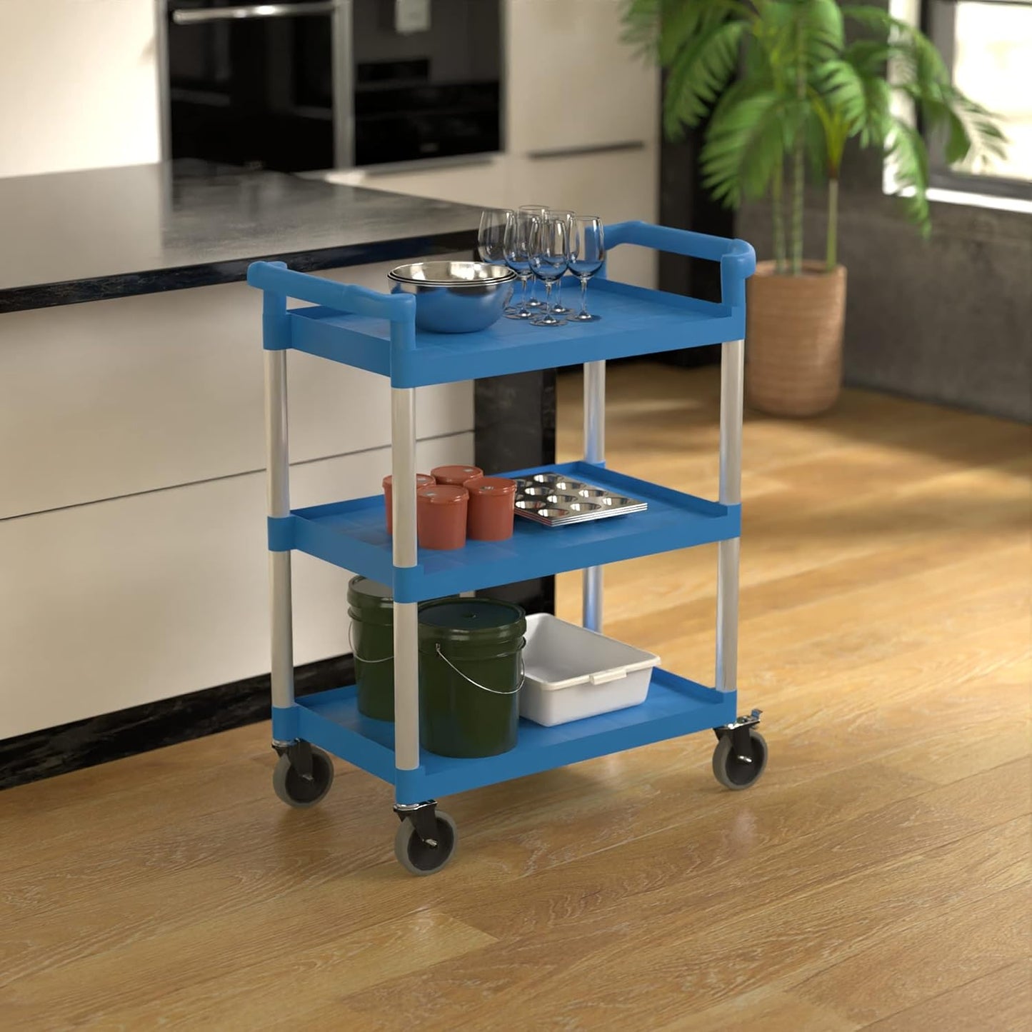 Blue Utility/Bussing Cart with Three Shelves - 32" x 16"