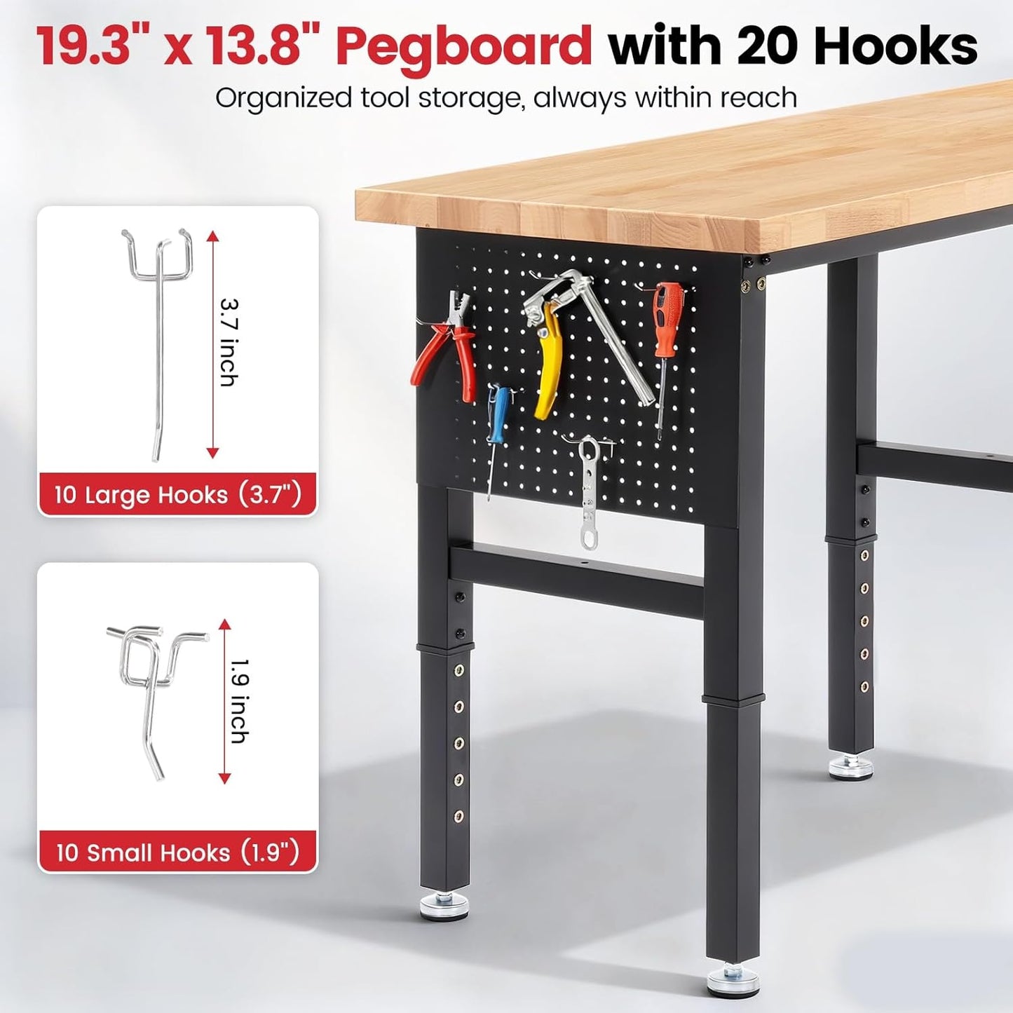 Work Bench 96 Inch Heavy Duty Work Table with Power Outlets & Extended Pegboard Adjustable Height 5000 Lbs Load Capacity Workstation for Garage, Workshop, Home, Office