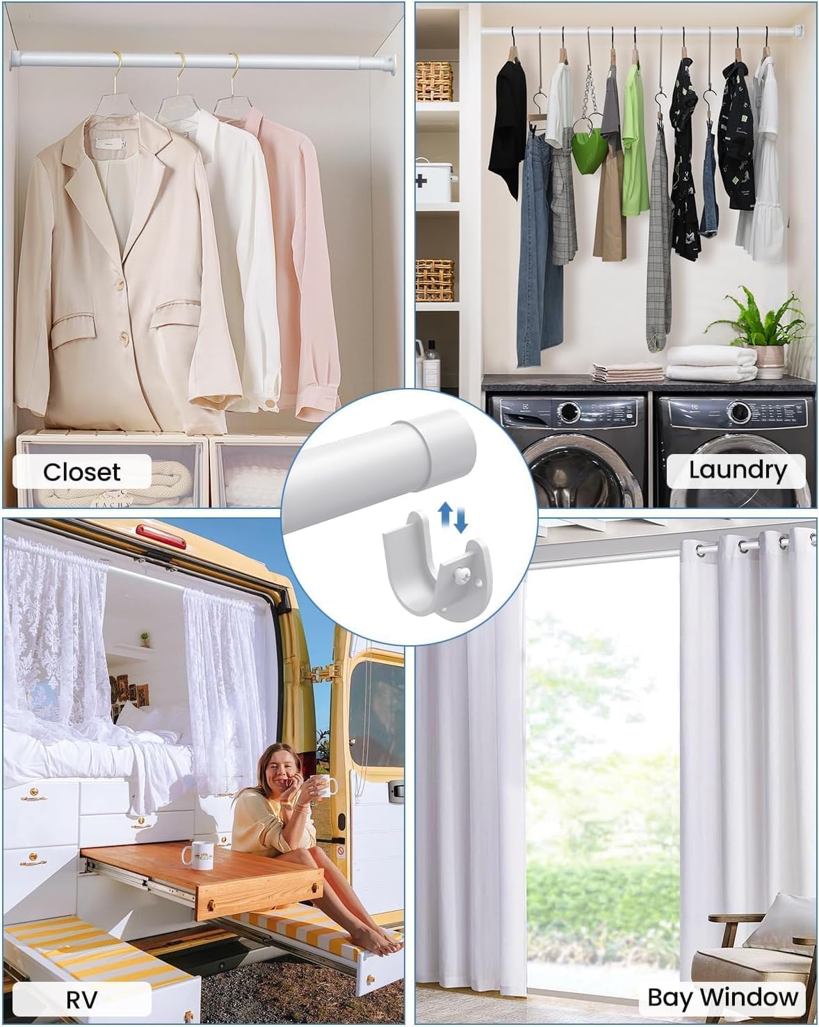 3 PACK Closet Rods for Hanging Clothes, 17 to 69 Inches Stepless Adjustable Metal Closet Rod, 1.3 Inches Heavy Duty Clothes Hanging Rod for Closet Wardrobes Laundry RV, White