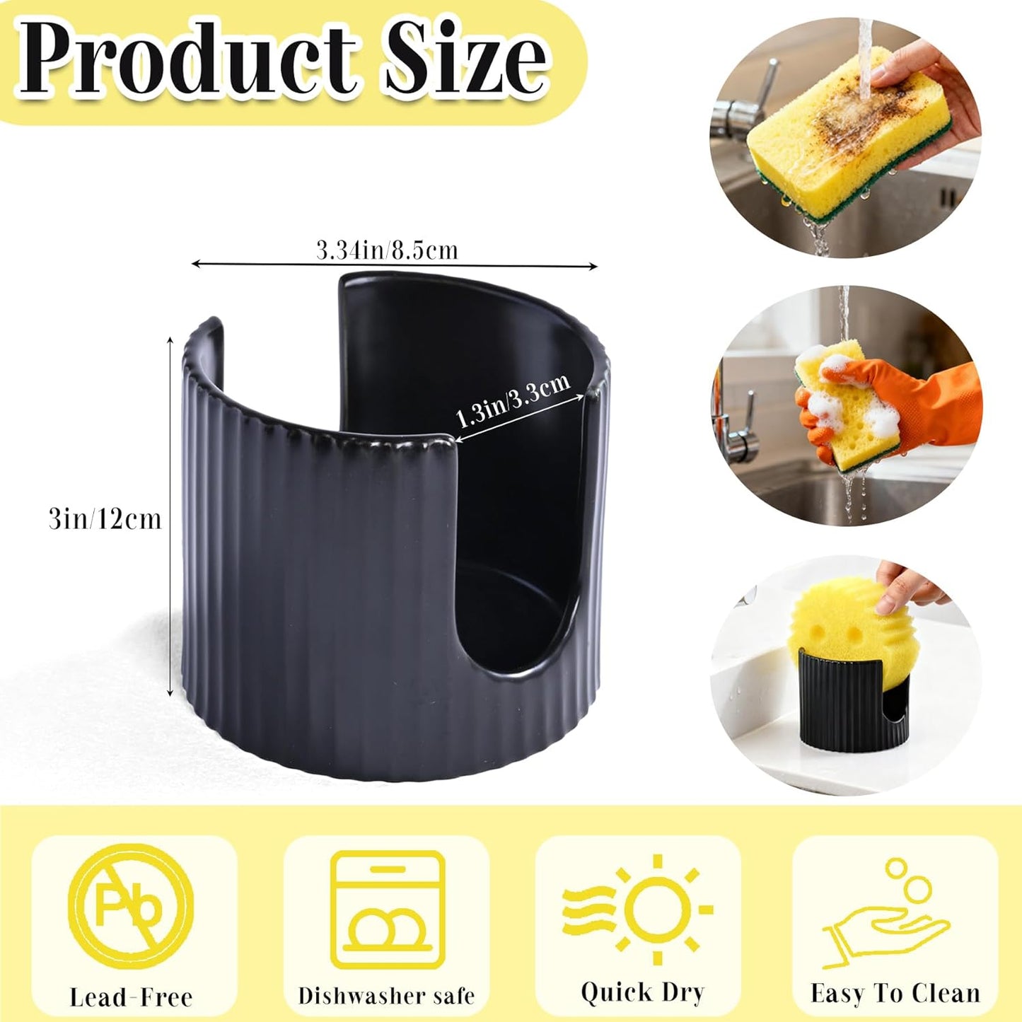 Ceramic Sponge Holder for Kitchen Sink - Dishwasher Safe Porcelain Dish Sponge Caddy Minimalist Vertical Stripes, Scrub Daddy Drying Rack for Countertop, Bathroom, Kitchen Sink Organizer, Black