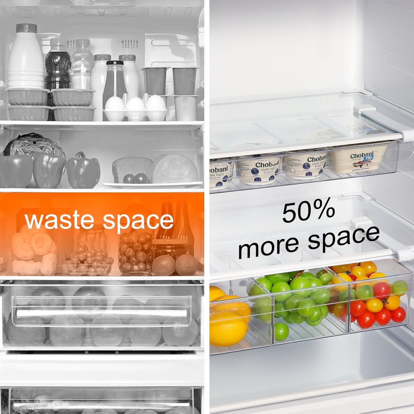 Pull-Out Fridge Drawer Organizer - Under Shelf Storage Bins for Refrigerator Organization for Fruits Vegetables, Cheese & Deli (Flat & Wide)