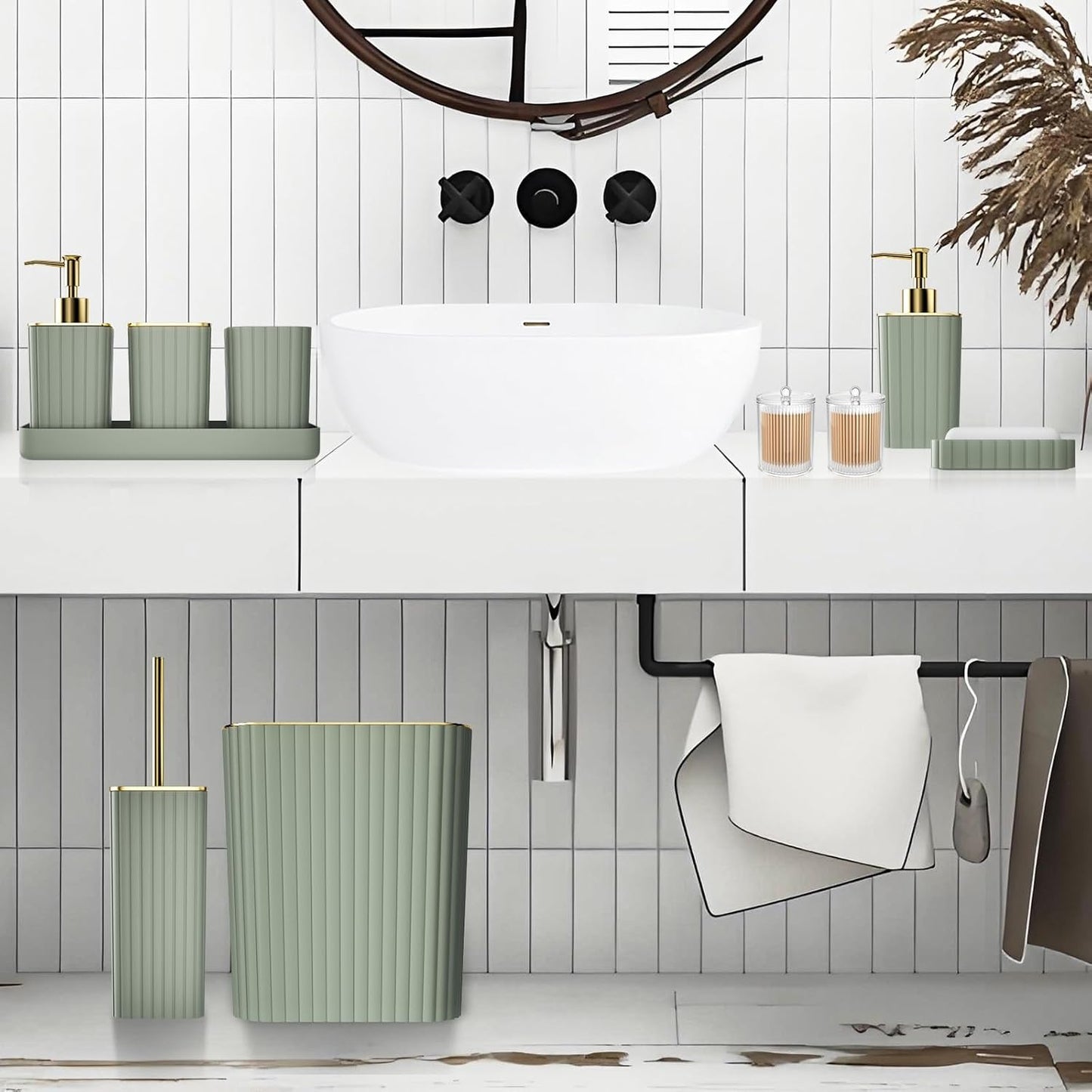 Bathroom Accessories Set - Gorgeous Bathroom Set, 10PC Sage Green Bathroom Accessory Set, Toilet Brush, Trash Can & Soap Dispenser
