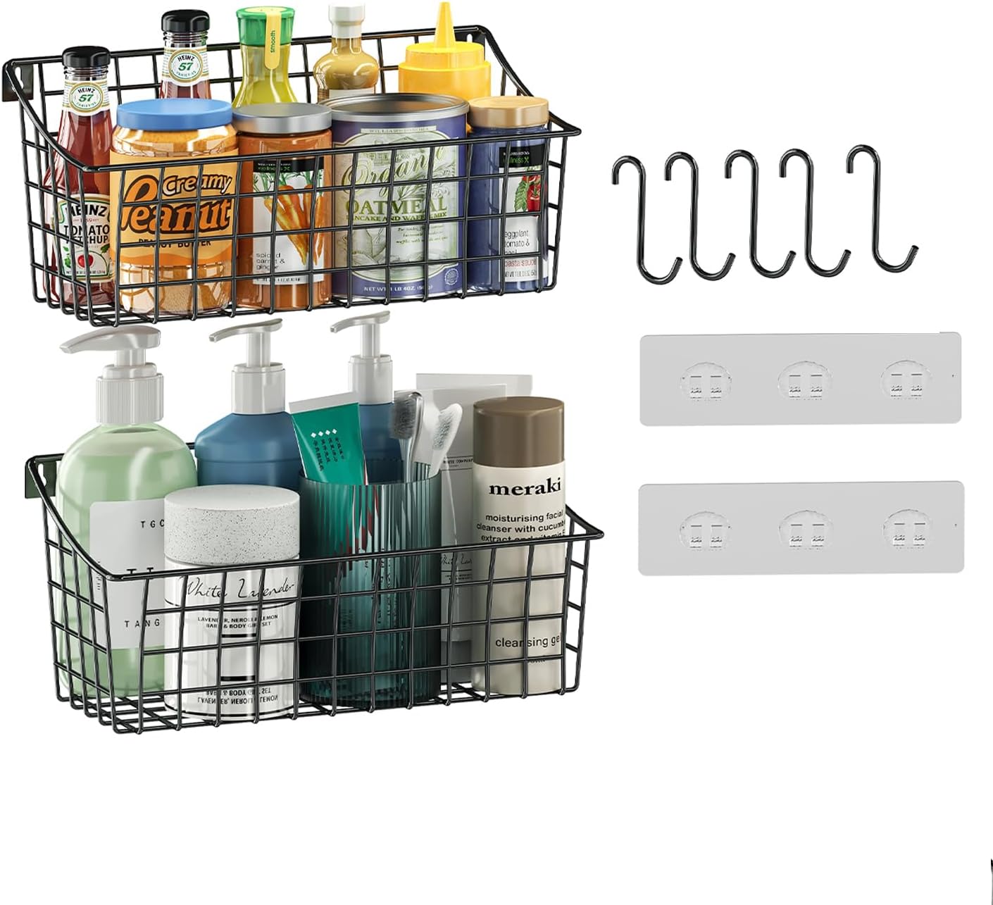 2 Pack Wall Hanging Baskets for Organizing, Large Metal Wire Basket with 5 Hooks+2 Strong Long Adhesive Hooks,Kitchen Hanging Mesh Organizer, Wall Mounted Bin for Kitchen, Bathroom, Bedroom,SUV,Garage