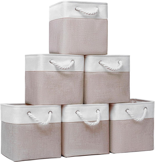 Fabric Storage Cubes, 11 inch cube storage bin with Handles, 11x11cube storage organizer bins, Collapsible Storage Bins for Shelves and Home, Cubby Storage Bins (white-khaki, 10.5x10.5x11in)
