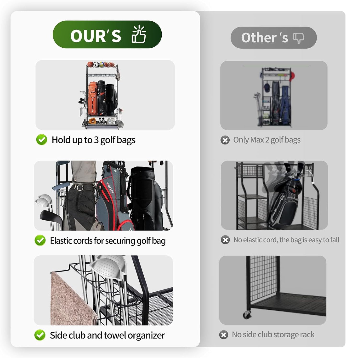 Golf Bag Storage Garage Organizer, 3 Golf Bags Organizer and Golfing Equipment Accessories Storage Rack, Sports Equipment Storage Organizer with Wheels, 4 Hooks, and Extra Club Display Rack