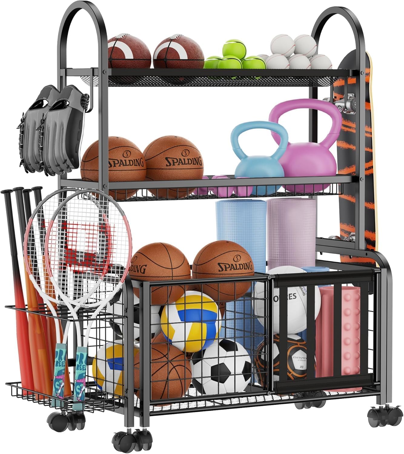 Garage Ball Storage, 2 in 1 Sports Equipment Organizer, Garage Organizer with Basket and Hooks, Individually Movable Rolling Sports Ball Organizer Cart, Black