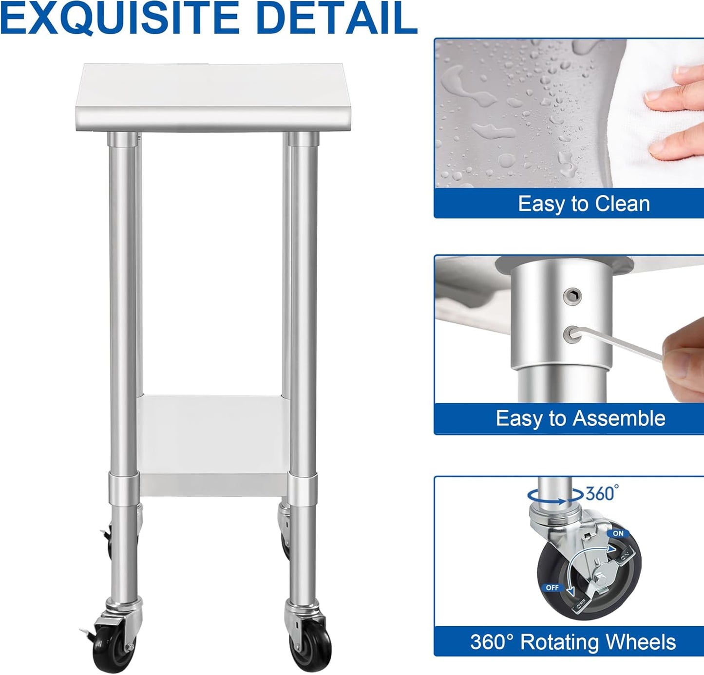 HARDURA Stainless Steel Commercial Table Prep & Work Table with Casters Heavy Duty Metal Table with Wheels NSF 430 24×15 Inches
