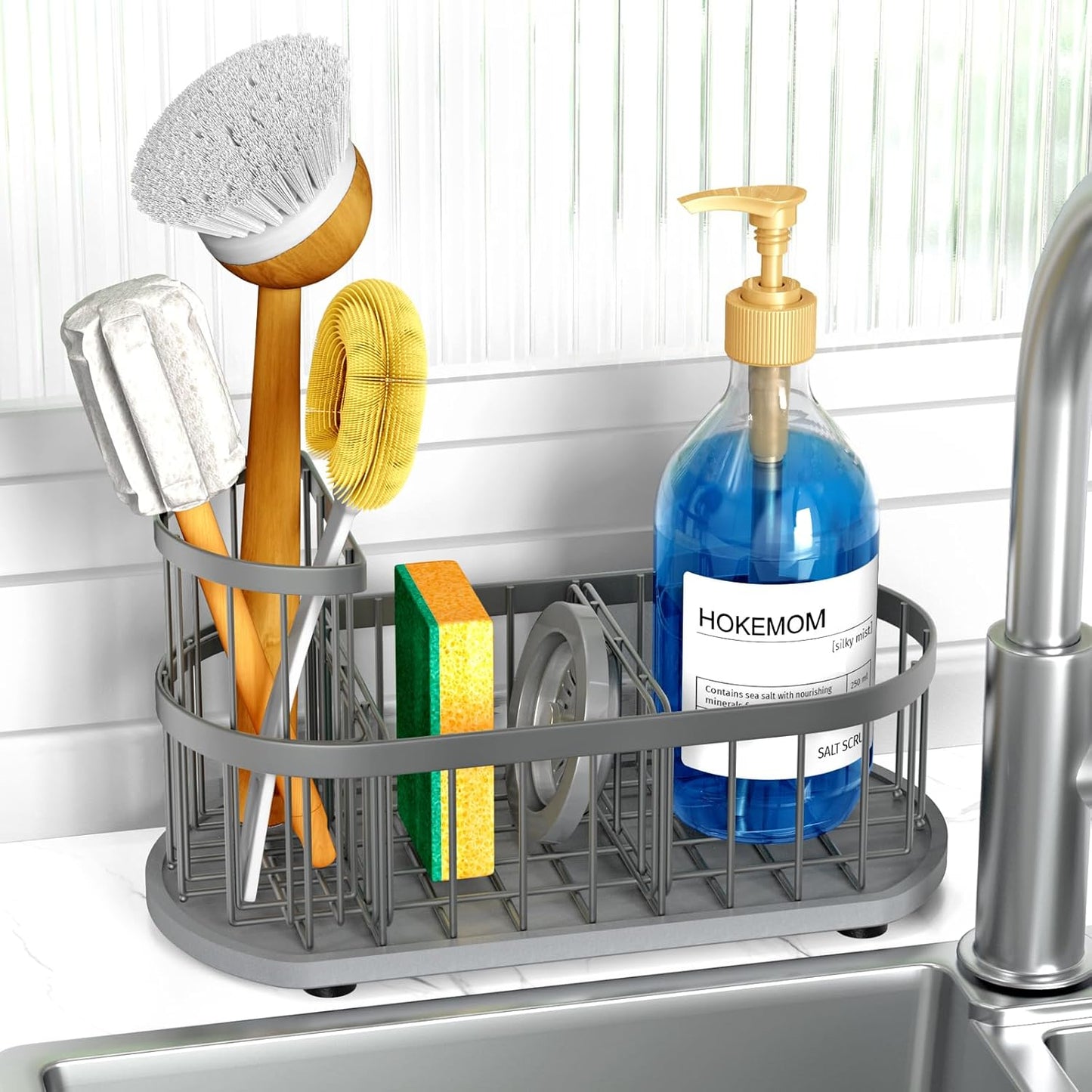 Kitchen Sink Organizer with Sponge Holder & Brush Holder - Drain-Free Non-Slip Base, 2.6mm Stainless Steel with Grey Rust-Resistant Coating - Easy Install & Clean Kitchen Sink Caddy