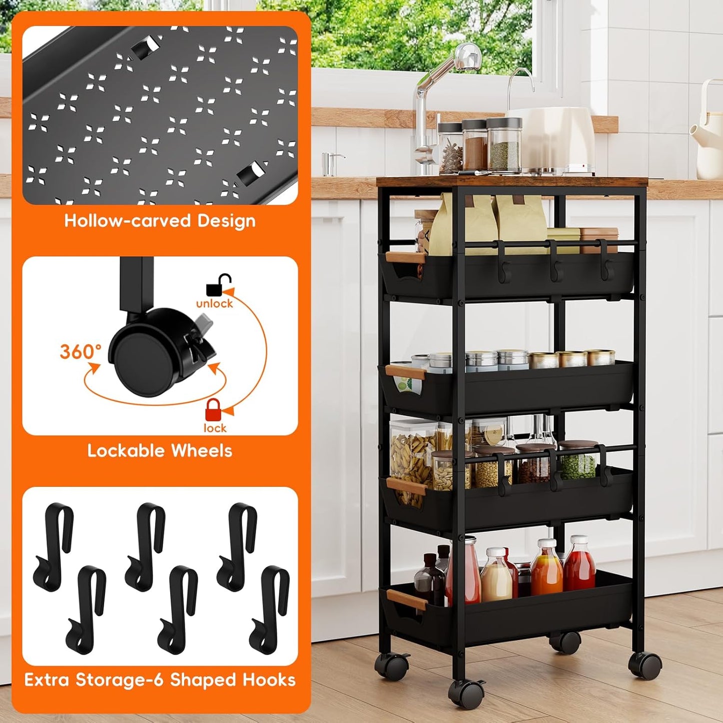 5-Tier Kitchen Storage Cart, Wood Top Rolling Cart Organizer with Pull-Out Baskets & Wheels, Metal Snack Cart with Holder for Fruit, Vegetable, Microwave, Kitchen, Pantry, Black