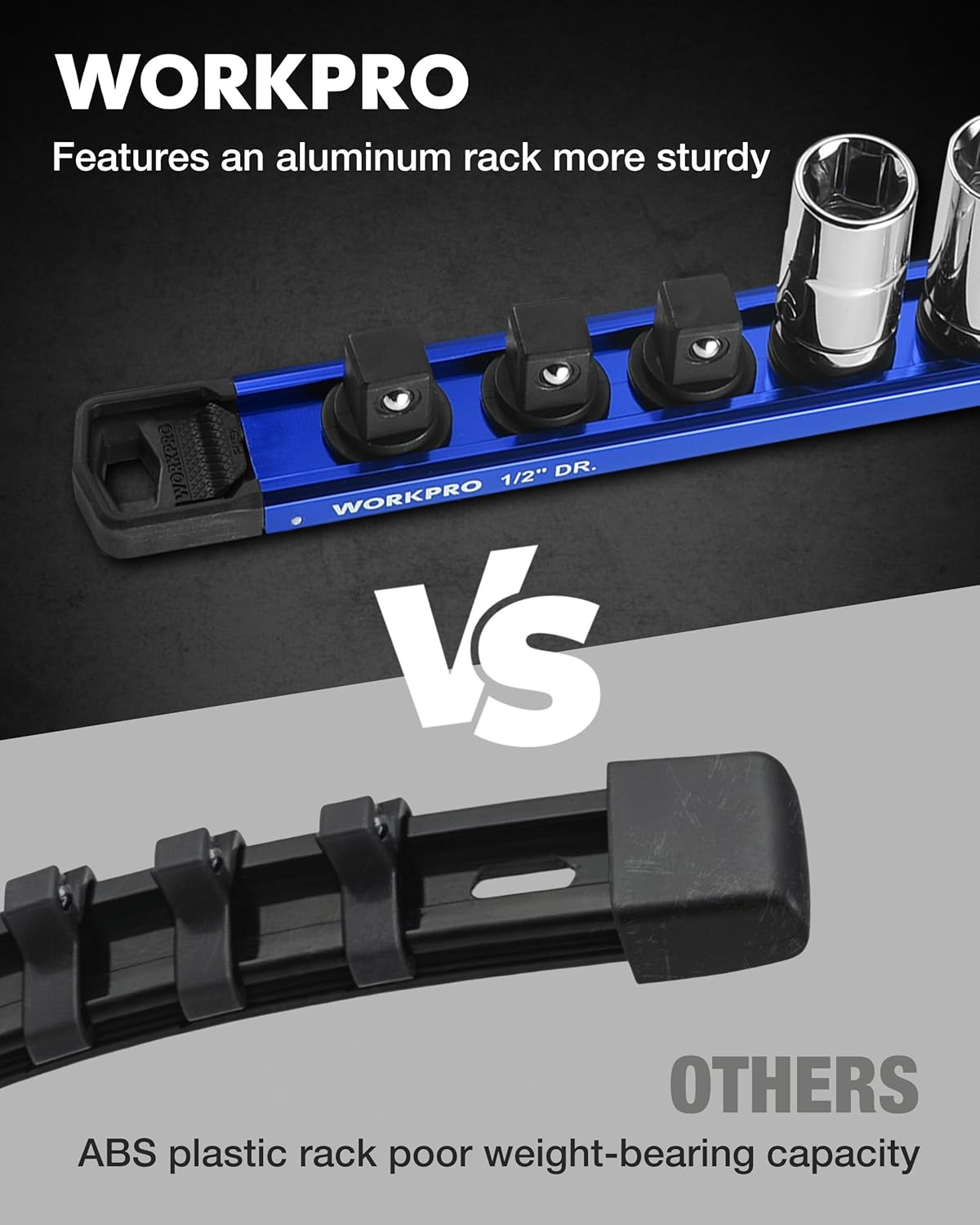 WORKPRO Magnetic Socket Organizer, 1/2" Drive Aluminum Alloy Socket Holder, Heavy Duty Socket Rail with 10 PC Removable Socket Clips, Socket Organizer Tray for Tool Box Drawer (Sockets Not Included)