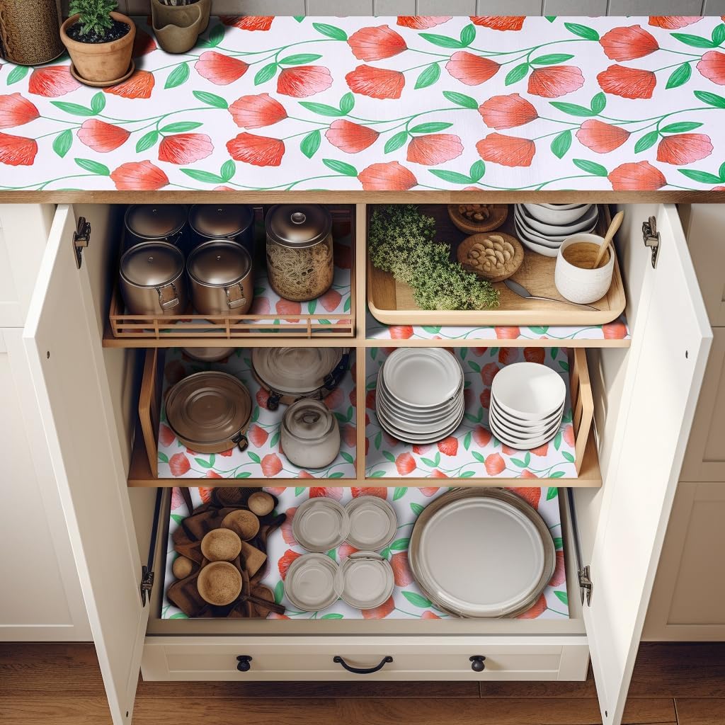 12" W x 120" L Floral Drawer and Shelf Liner for Cabinets, Non-Adhesive Strong Grip Non-Slip Flower Shelf Cabinet Kitchen Shelf Liners for Kitchen Cabinets