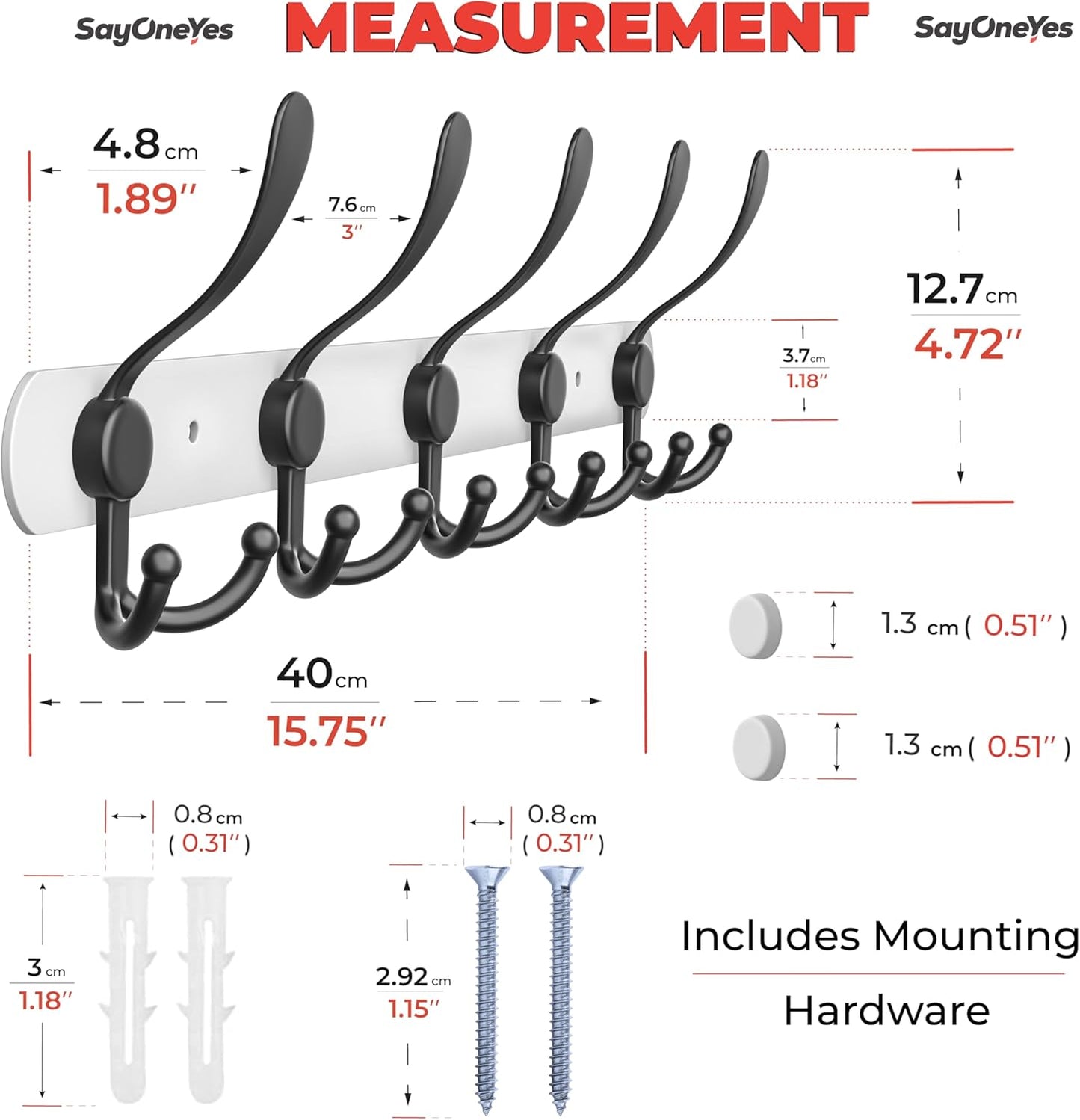 Coat Rack Wall Mount with 5 Tri Hooks, Stainless Steel 16 Inch – White & Black Matte Finish, Heavy Duty Wall Mounted Hook Rack for Coats, Hats, Towels, Scarfs, Robes, Bags, Entryway & Bathroom, 3 Pack