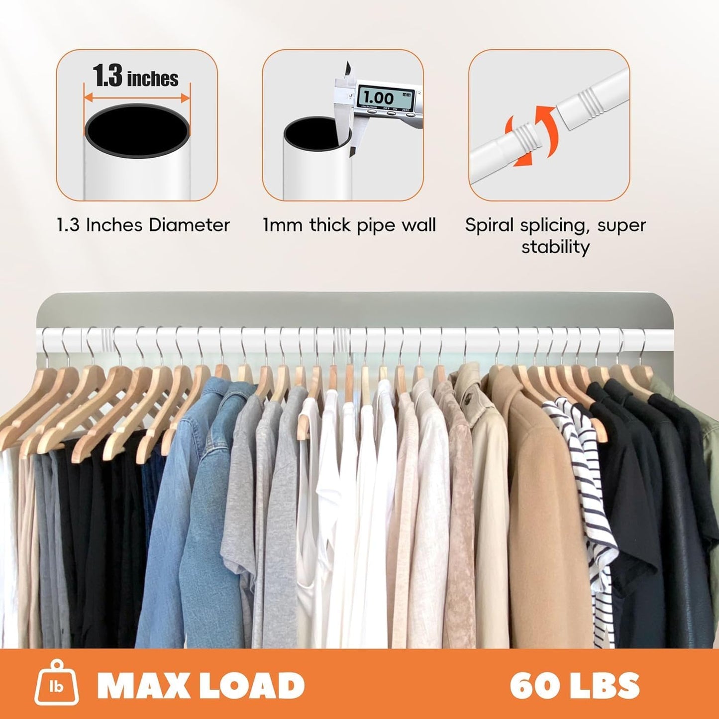 Closet Rod 50-75 Inches, Adjustable Heavy Duty Metal White Closet Rods for Hanging Clothes 1.3 Inches Diameter for Wardrobes Laundry
