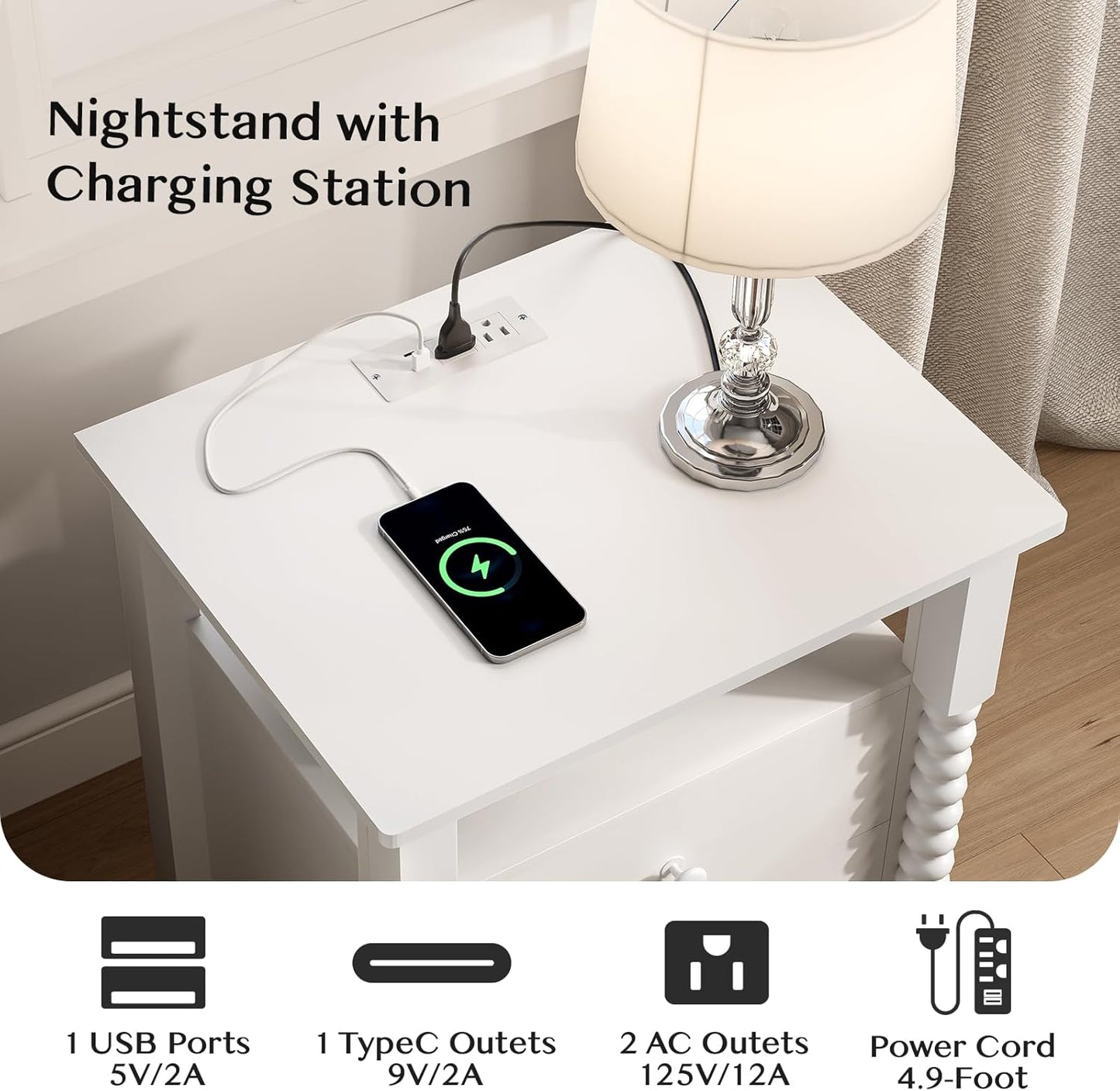 White Night Stand Set 2, Vintage Nightstand with Charging Station, Modern Bedside Table with 2 Drawers, End Table with Solid Wood Legs, Bed Side Tables for Bedroom, White