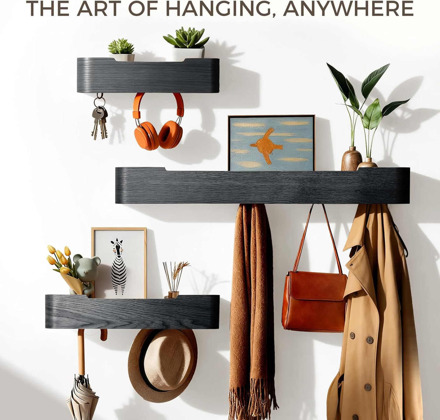 Wall Coat Rack Floating Shelves Modern Coat Rack Wall Mount with Storage Entryway Shelf Wooden Hanger 20 Inch 4 Hidden Metal Hooks for Living Room Bedroom (Black, 5 Hooks)