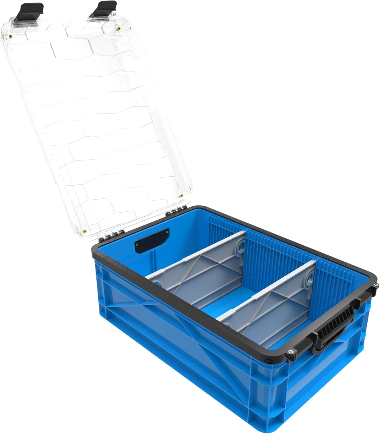 SIDIO Weather Resistant Stackable Storage Bins for Organization - Half-Size Plastic Bin with Dividers for Garage Organization, Home Storage - Heavy Duty Organizer Box (SidioBlue)