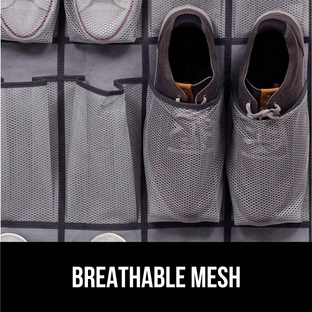 GORILLA GRIP Over the Door Shoe Organizer, 12 Large Breathable Mesh Pockets, Space Saving Hanging Storage Holder, 2 Hook Closet Rack Hanger, Hangs on Closets for Shoes, Accessories, 64H x 9.5W Gray