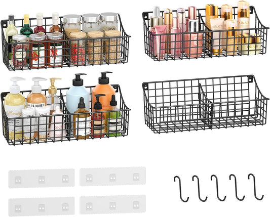 4 Pack EXTRA LARGE Hanging Wall Mount Storage Baskets With Divider, Metal Wire Basket With 4 Strong Adhesive Hooks +5 S Hooks,Organizing Wall Shelf for Home Kitchen Bathroom Pantry Garage RV, Black
