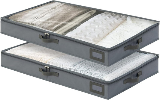 4-Inch Under Bed Storage Containers (2-Pack) | Sturdy Sidewalls | Clear Cover & Label Holder | Foldable Fabric Closet Bin Organizer | Stores Clothing/Blankets/Sweaters/Sheets