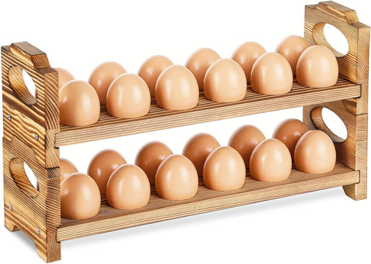 Wooden Egg Holder Countertop, Stackable Wooden Egg Storage & Organizer, 2-Tier /24-Hole Farmhouse Eggs Rack Wood with Handle for Fresh Eggs to Store Chicken/Duck/Quail/Turkey/Easter Egg