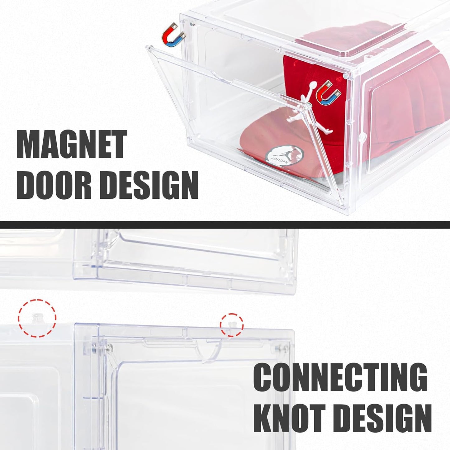 6 Pack Hat Organizer Box, Stackable Clear Baseball Caps Holder Box Containers with Magnetic Door for Hats Snapback Cap Storag, Hat Rack Display Case, Holds 8 Hats Each (Clear)