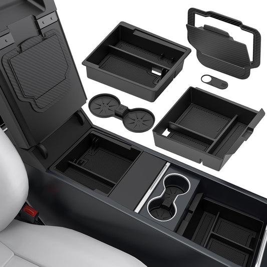 2025 Upgrade 5PCS Center Console Organizer Tray for Tesla New Model Y (2026 Juniper)/3 Highland Accessories 2025, Hidden Storage Box, Cup Holder & Armrest Drawer Organizer, Shockproof, No-Noise