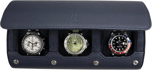 DailyWatch | Watch Roll Travel Case For 3 Watch | Luxury Watch Case In Genuine Leather With Soft Velvet Interior | Watch Case Protect, Store, & Display Your Watches | Navy Blue