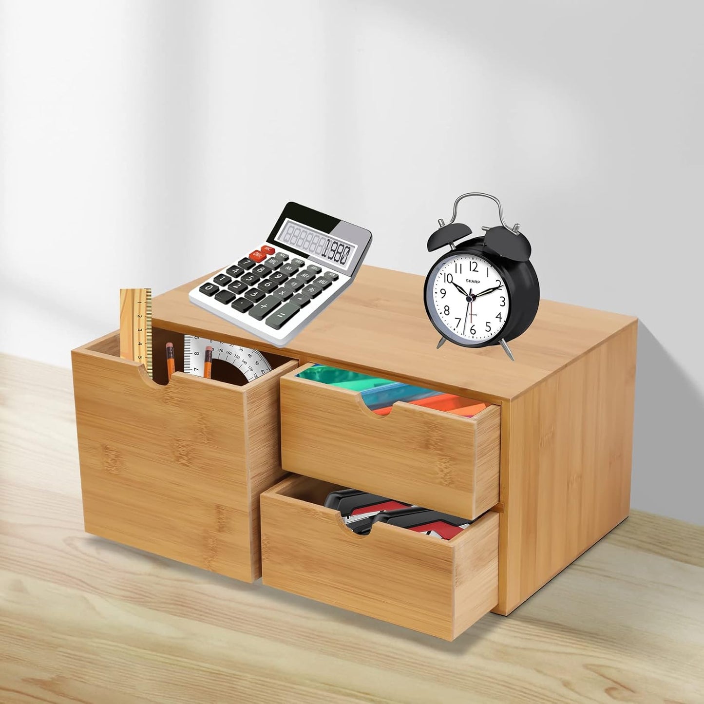 TFCFL Bamboo Desk Organizer with 3 Drawers, Wood Desktop Storage Box for Office Supplies, Natural Bamboo Drawer Organizer with Flat Top for Pen, Mail, Stationery Home Office Organization