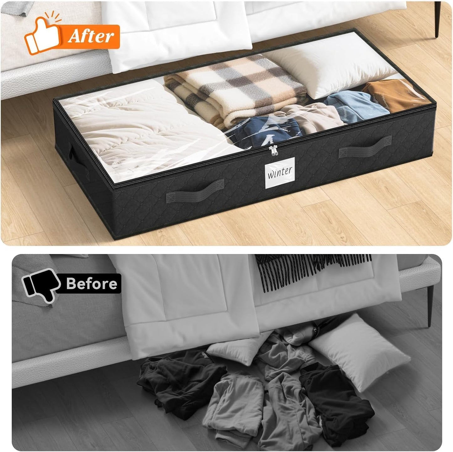 SpaceWhisper 90L Under Bed Storage Containers, 4-Pack Storage Bins with Clear Top, Foldable Closet Organizers and Storage with Label Holder for Clothing, Blankets, Comforter & Pillows(Black)