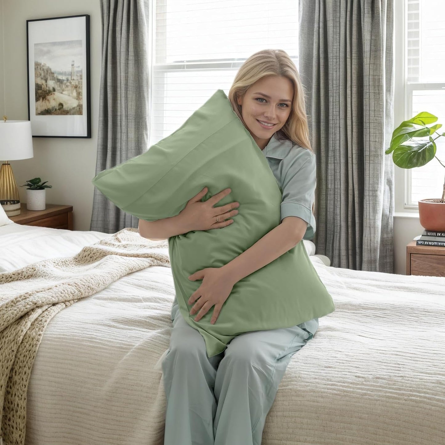 TELUS Pillow Cases Queen Size 2 Pack, Bamboo Rayon & Lyocell Pillowcase with Envelope Closure, Cooling Breathable Pillow Cover for Hot Sleeper & Night Sweats, 20x30 inch, Sage Green