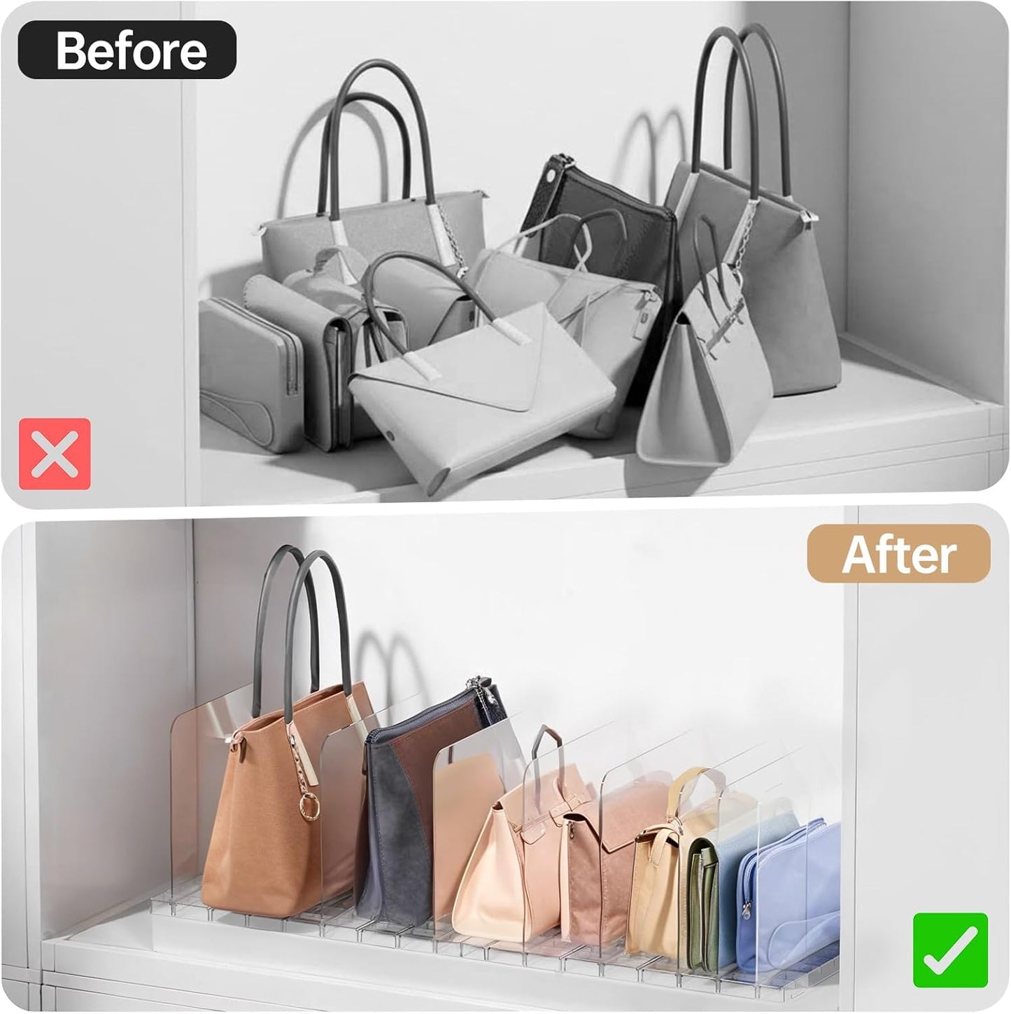 Purse Organizer for Closet, Stackable Handbag Storage Shelf, Adjustable Clear Shelf Dividers, Keep Clutch, Bag, Pocketbook Upright, for Bedroom