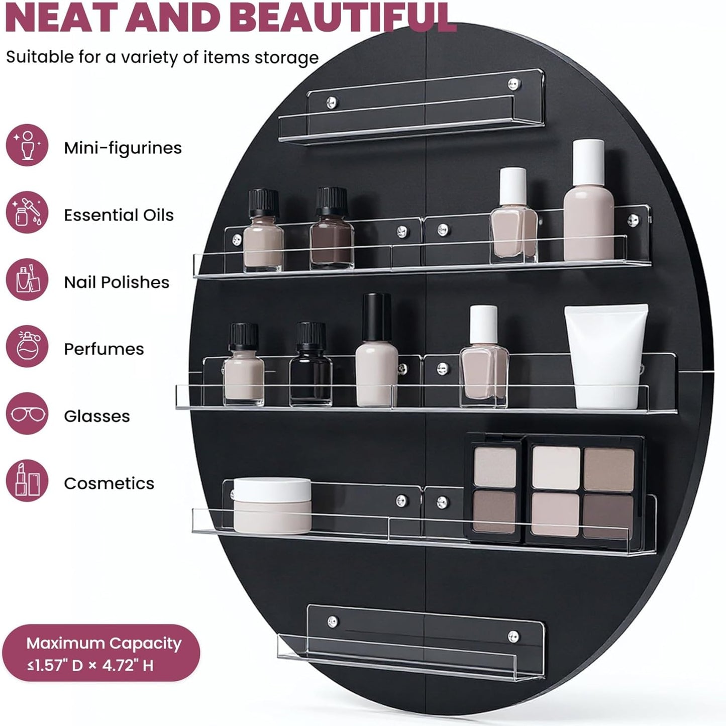 Wall Mount Nail Polish Organizer, 2 Packs Wood Nail Polish Rack w/Acrylic Barrier, 5-Tier Round Storage & Display Shelf, Perfume Essential Oil Bottles Holder, Black