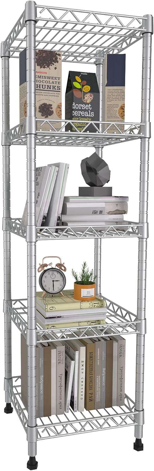GIOTORENT 5 Tier Standing Shelving Metal Units, Adjustable Height Wire Shelf Display Rack for Laundry Bathroom Kitchen 11.8 W x 11.8 D x 50 H (5-Tier, Grey, Matte/Glossy Finish)