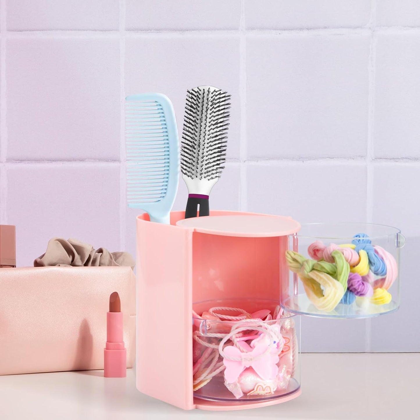 Luscinia Hair Accessories Organizer with Hair Brush Holder, Rotatable Makeup Brush and Jewelry Storage Box for Hair Clips, Earrings, Necklaces, Bracelets, Rings, and Daily Accessories (Pink, 2-Layer)