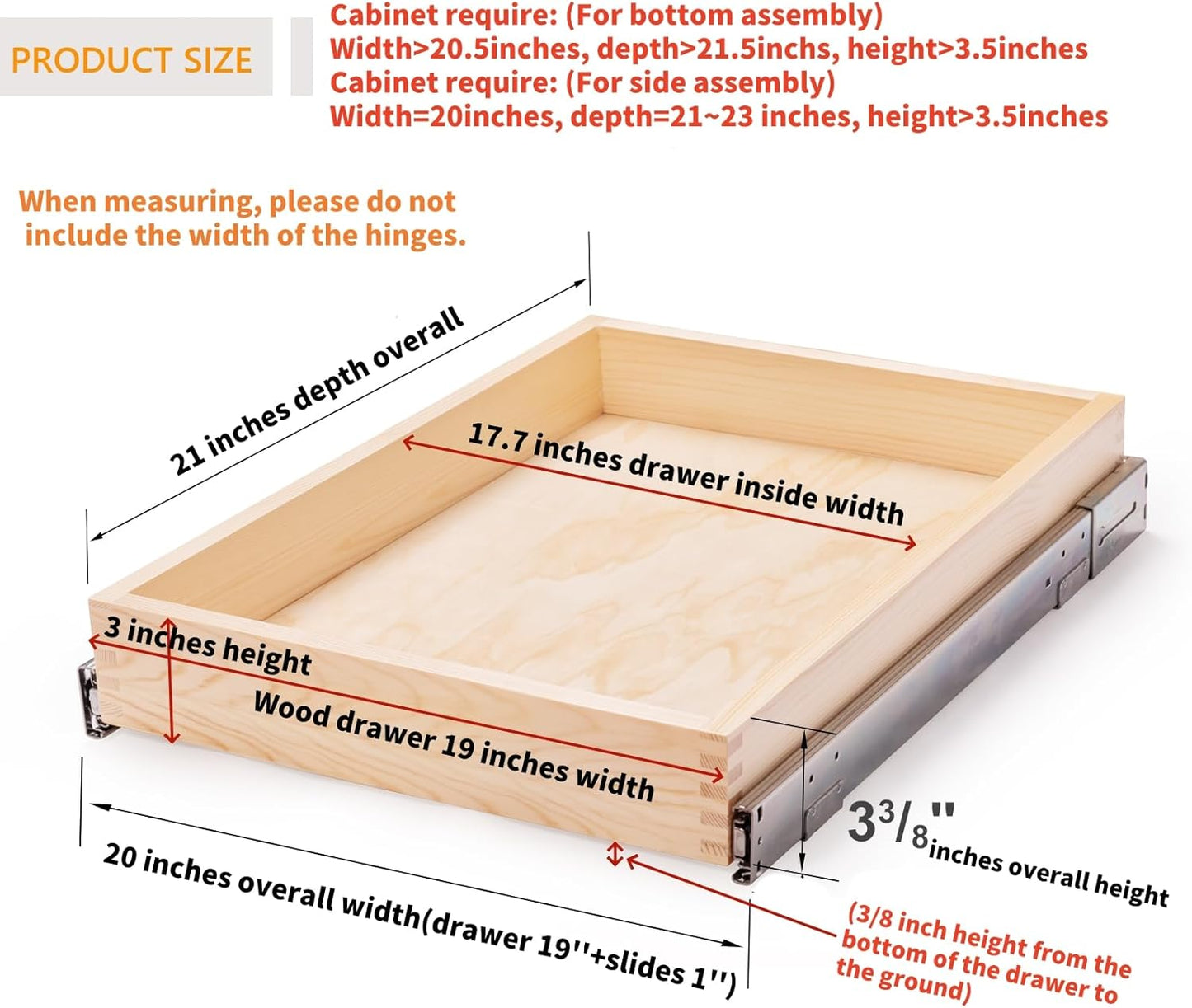 20”W x 21”D x 3”H Soft Close Slide Out Wood Drawer Organizer for Kitchen, (Cabinet Width>20.5 inches for Bottom Assembly, Width= 20 inches for Side Assembly)