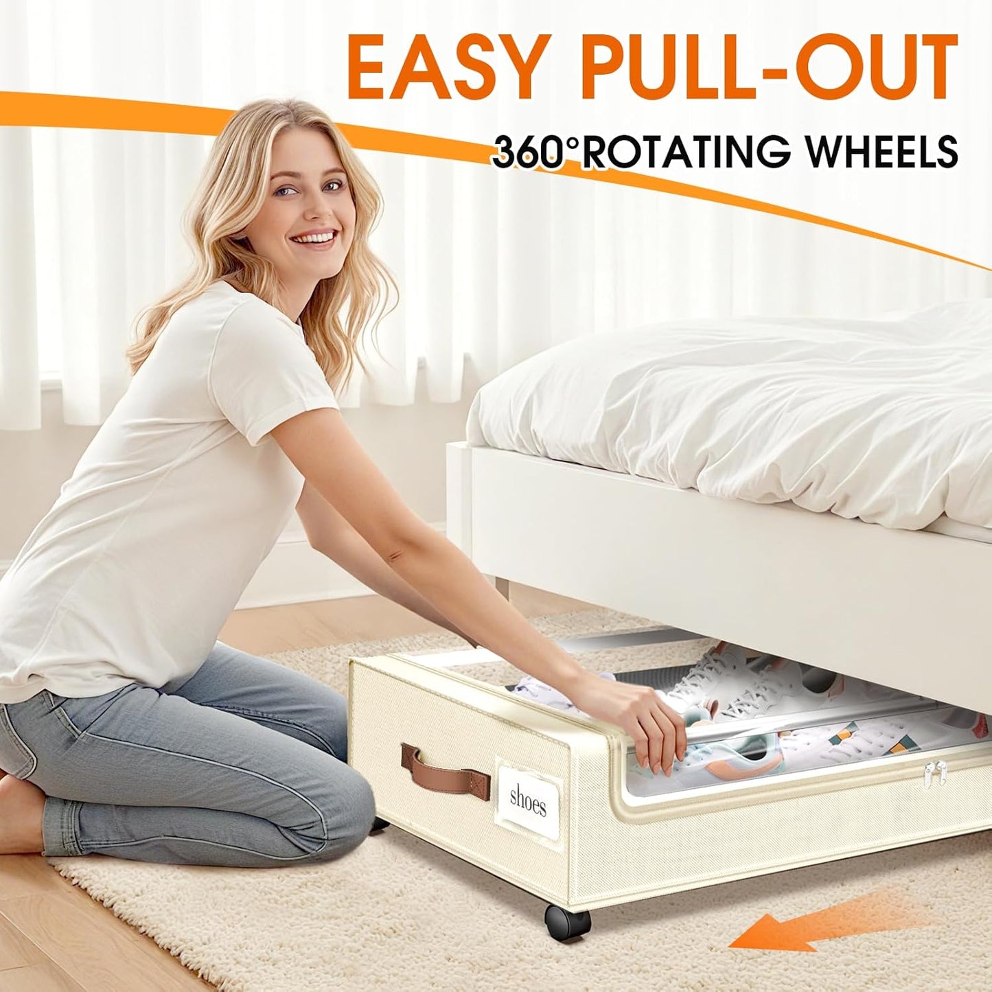 Under Bed Storage with Wheels 2Pack Underbed Storage with Clear Window&Label Under Bed Drawers Large Capacity Rolling Under Bed Storage for Clothes,Shoes, Blankets (Beige)
