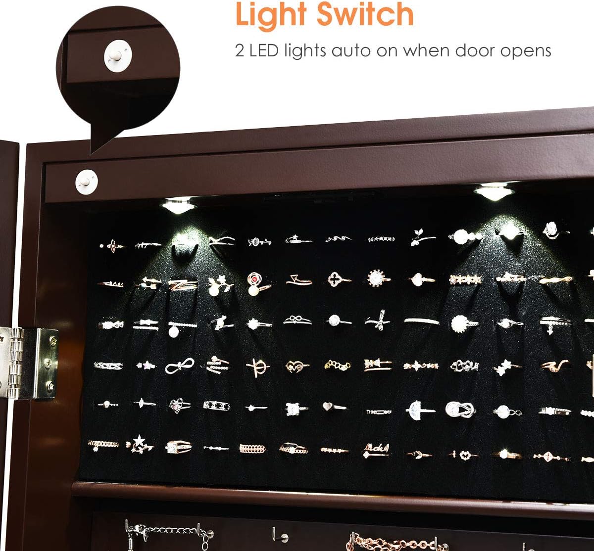 Giantex Jewelry Armoire Wall Door Mounted, Lockable Jewelry Cabinet with 42.5'' Full Length Mirror, 2 LEDs Jewelry Organizer Box with 2 Drawers, Mirror with Jewelry Storage (Espresso)